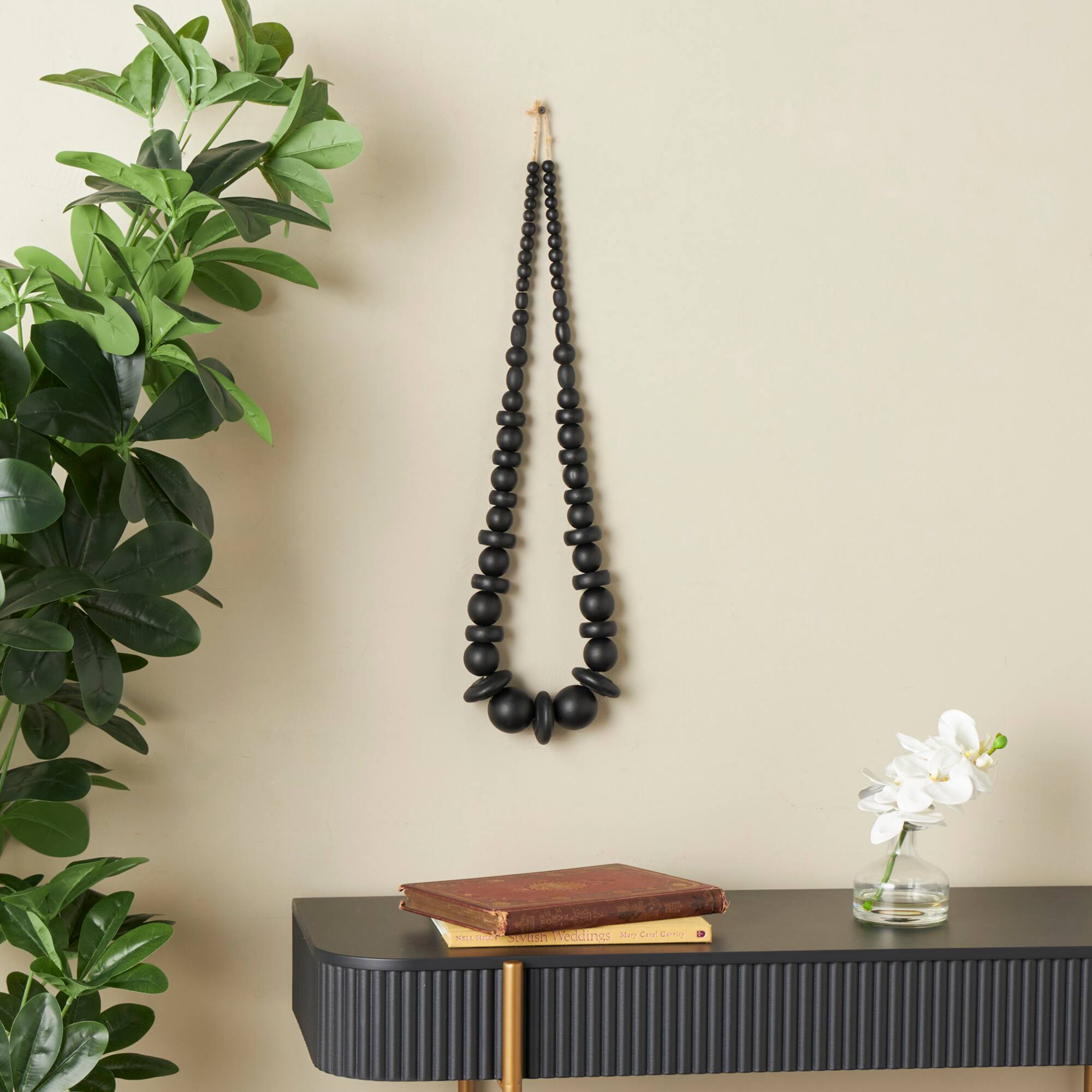 Black Wood Necklace Handmade Geometric Beaded Garland Sculpture